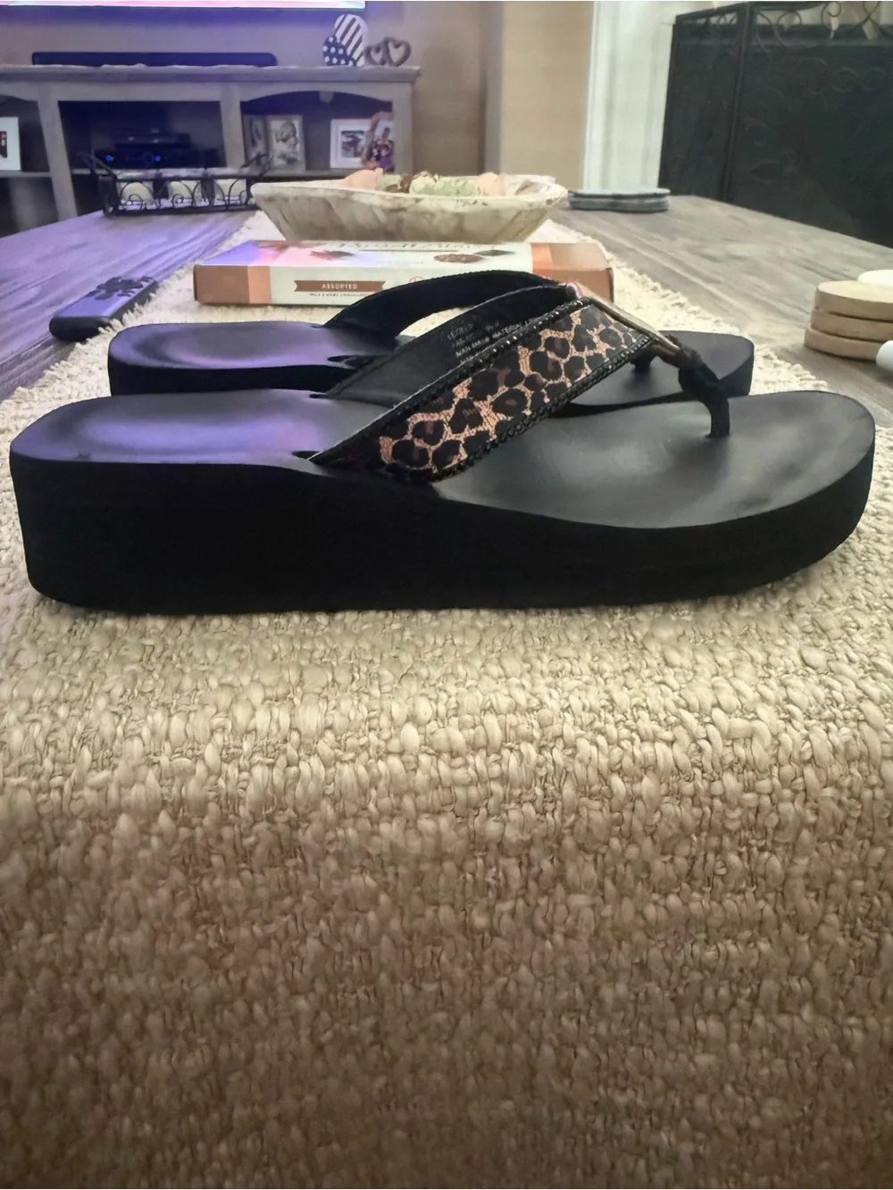 Yellow Box Black Flip Flops with Leopard-Print Beaded Straps - Picture 7 of 9